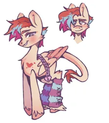Size: 1056x1184 | Tagged: safe, artist:roofoos_rebirth, derpibooru import, oc, oc:cardia, unofficial characters only, pegasus, pony, adoptable, adopted, ambiguous gender, birthmark, blank flank, chained, chains, chest fluff, clothes, gradient mane, image, leg warmers, leonine tail, owner:squeezymouse, png, reference sheet, simple background, solo, standing, swirly eyes, tail, unshorn fetlocks, white background, wingding eyes