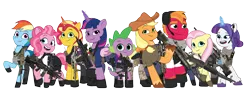 Size: 2018x721 | Tagged: safe, artist:edy_january, artist:prixy05, artist:tharn666, derpibooru import, edit, vector edit, applejack, big macintosh, fluttershy, pinkie pie, rainbow dash, rarity, spike, sunset shimmer, twilight sparkle, twilight sparkle (alicorn), ponified, alicorn, dragon, earth pony, pegasus, pony, unicorn, equestria girls, g5, my little pony: tell your tale, alternate name, applejack's hat, armor, assault rifle, body armor, boots, call of duty, call of duty: warzone, clothes, codenames, colt python, combat armor, combat knife, cowboy hat, denim, desert eagle, equestria girls ponified, equipment, fn scar, g4, g4 to g5, gears, generation leap, glock, glock 17, glock 18c, gloves, group, gun, handgun, hat, headphones, hk416, horn, image, jeans, knife, light machine gun, long pants, m1911, m24, m249, m24a2 sws, m27, m4a1, m60, machine gun, machine pistol, magic, mane nine, mane seven, mane six, marine, marines, mateba 2006m, military, military pants, military pony, military uniform, mpx, mtar-21, p220, p226, pants, pistol, png, radio, rambo, revolver, rifle, scar-l, scarf, shirt, shoes, short pants, simple background, sniper, sniper rifle, soldier, soldier pony, soldiers, special forces, squat, squatpony, steyr tmp, submachinegun, tactical, tactical squad, tactical vest, tanktop, tar-21, task forces 141, team, team fortress 2, telekinesis, tmp, transparent background, ump45, uniform, united kingdom, united states, usmc, vector, vest, weapon, xm7
