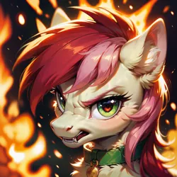 Size: 1024x1024 | Tagged: safe, ai content, derpibooru import, machine learning generated, prompter:doom9454, stable diffusion, roseluck, pony, angry, bust, collar, explosion, fangs, fire, fluffy, generator:pony diffusion v6 xl, image, looking at you, pet tag, png, pony pet, portrait, rosepet