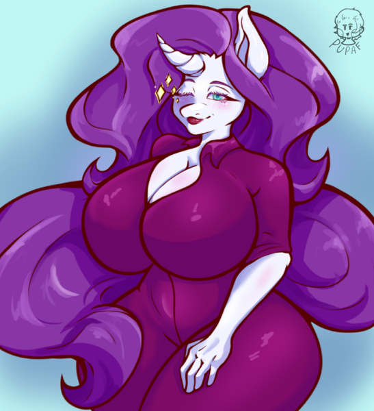 Size: 572x627 | Tagged: suggestive, artist:pupaf, derpibooru import, rarity, anthro, unicorn, big breasts, big hair, blushing, bodysuit, breasts, busty rarity, cleavage, clothes, colored background, curved horn, curvy, female, g4, hand on leg, hand on thigh, horn, huge breasts, image, lidded eyes, lips, lipstick, looking at you, one eye closed, one eye open, png, solo, solo female, thighs, thunder thighs, unicorn horn, wide hips, wink, winking at you
