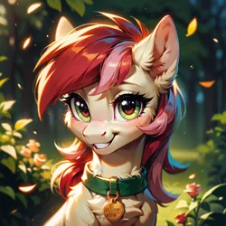 Size: 1024x1024 | Tagged: safe, ai content, derpibooru import, machine learning generated, prompter:doom9454, stable diffusion, roseluck, earth pony, pony, bust, collar, cute, flower, fluffy, generator:pony diffusion v6 xl, grin, image, looking at you, pet tag, png, pony pet, portrait, rose, rosepet, smiling