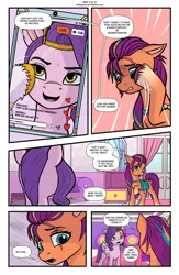 Size: 2053x3150 | Tagged: safe, artist:robin jacks, derpibooru import, pipp petals, sunny starscout, earth pony, pegasus, pony, comic:sunny's scar, g5, comic, image, jpeg, mane melody (location), maretime bay, mobile phone, phone, scar, smartphone