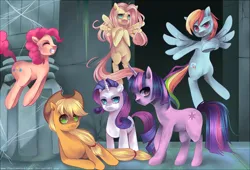 Size: 900x612 | Tagged: safe, artist:pekou, derpibooru import, applejack, fluttershy, pinkie pie, rainbow dash, rarity, twilight sparkle, earth pony, pegasus, unicorn, flying, g4, hat, horn, image, mane six, png