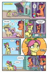 Size: 2053x3150 | Tagged: safe, artist:robin jacks, derpibooru import, pipp petals, posey (g5), sunny starscout, earth pony, pegasus, pony, comic:sunny's scar, g5, comic, female, high res, image, jpeg, mane melody (location), mare, maretime bay, posey bloom is not amused, posey can't catch a break, scar, unamused