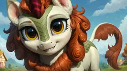 Size: 1920x1080 | Tagged: safe, ai content, derpibooru import, machine learning generated, prompter:truekry, stable diffusion, autumn blaze, kirin, close-up, g4, generator:pony diffusion v6 xl, image, leonine tail, looking at you, png, smiling, smiling at you, tail, wallpaper