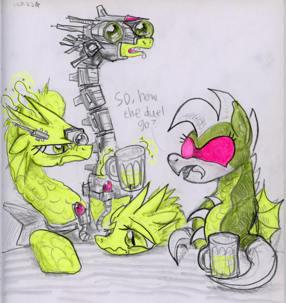 Size: 3963x4197 | Tagged: safe, artist:ja0822ck, derpibooru import, ponified, kaiju, kaiju pony, pony, alcohol, beer, gigan, image, jpeg, king ghidorah, mecha king ghidorah, traditional art