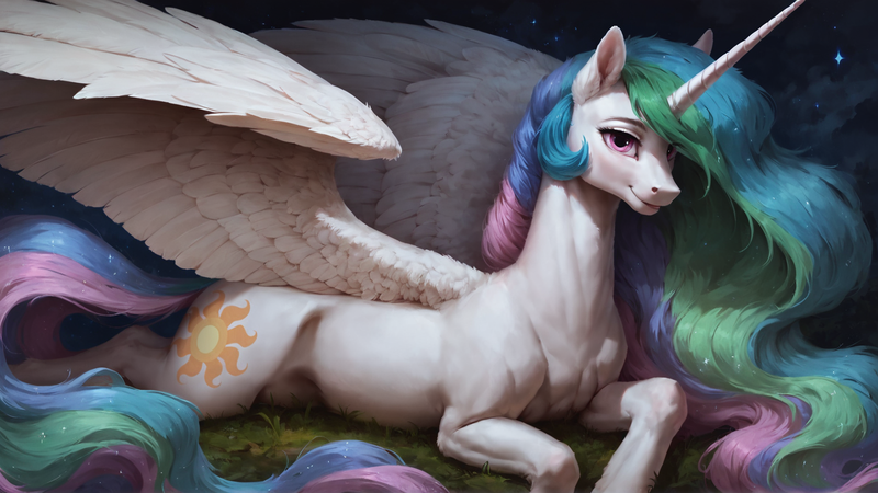 Size: 1920x1080 | Tagged: safe, ai content, derpibooru import, machine learning generated, prompter:truekry, stable diffusion, princess celestia, alicorn, pony, g4, generator:pony diffusion v6 xl, grass, image, looking at you, lying down, night, png, smiling, smiling at you, spread wings, wallpaper, wings