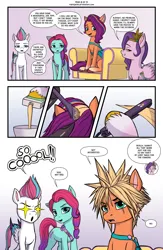 Size: 2053x3150 | Tagged: safe, artist:robin jacks, derpibooru import, pipp petals, sunny starscout, zipp storm, earth pony, pegasus, pony, comic:sunny's scar, g5, alternate hairstyle, clothes, cloud strife, comic, female, final fantasy, final fantasy vii, high heels, image, jazz hooves, jazz hooves has ears!, jpeg, mane melody (location), mare, scar, shoes