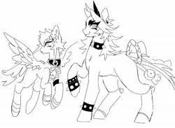 Size: 1424x1041 | Tagged: safe, artist:rottendevilman, derpibooru import, ponified, pegasus, pony, black and white, duo, female, genshin impact, grayscale, image, jpeg, male, mare, monochrome, stallion