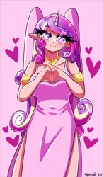 Size: 2258x3850 | Tagged: safe, artist:mylittleyuri, derpibooru import, princess cadance, human, alicorn humanization, breasts, clothes, cute, cutedance, dress, elf ears, female, heart, heart eyes, heart hands, horn, horned humanization, humanized, image, jewelry, pink background, png, regalia, simple background, solo, wingding eyes, winged humanization, wings