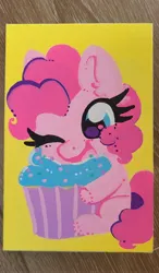 Size: 2214x3786 | Tagged: safe, artist:littleblackraencloud, derpibooru import, pinkie pie, earth pony, pony, chibi, cupcake, eating, food, g4, image, jpeg, one eye closed, solo, traditional art