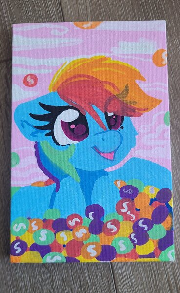 Size: 2200x3582 | Tagged: safe, artist:littleblackraencloud, derpibooru import, rainbow dash, pegasus, pony, bust, candy, food, image, jpeg, ponies in food, portrait, skittles, smiling, solo, traditional art