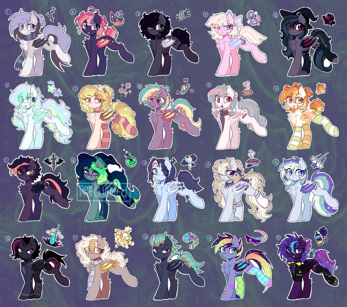 Size: 1993x1767 | Tagged: safe, artist:flixanoa, derpibooru import, oc, unofficial characters only, bat pony, pegasus, pony, :<, :p, abstract background, adoptable, ahoge, ambiguous gender, amputee, angry, bandage, bandaged leg, bandaid, bat pony oc, bat wings, beauty mark, big eyes, black mane, black tail, blonde mane, blonde tail, blue coat, blue eyes, blushing, bow, brown coat, checkered socks, chest fluff, choker, clothes, coat, coat markings, colored belly, colored hooves, colored muzzle, colored pinnae, colored pupils, colored wings, curly mane, curly tail, ear fluff, ear piercing, ear tufts, earring, ethereal mane, eye clipping through hair, eyebrows, eyebrows visible through hair, eyelashes, eyeshadow, facial markings, fangs, fishnets, for sale, frown, garters, glasses, gray coat, group, hair accessory, hair bow, hair over one eye, hat, heart, heart eyes, hoofless socks, image, jacket, jewelry, jpeg, lace, leg fluff, leg scar, lidded eyes, long mane, long socks, long tail, looking back, looking down, makeup, mismatched socks, mohawk, multicolored eyes, multicolored hair, multicolored mane, multicolored tail, narrowed eyes, navy coat, orange eyes, pale belly, piercing, pigtails, pink coat, pink eyes, ponytail, prosthetic leg, prosthetic limb, prosthetics, purple coat, purple mane, purple tail, rainbow hair, rainbow tail, raised hoof, robotic legs, scar, scarf, scowl, shiny hoof, short mane, short tail, shoulder fluff, slit pupils, smiling, snip (coat marking), socks, socks (coat marking), sparkly mane, sparkly tail, spiky mane, spiky tail, starry eyes, starry mane, starry tail, straight mane, straight tail, striped socks, tail, tail accessory, tail bow, teal eyes, thigh highs, tied mane, tied tail, tongue out, two toned mane, two toned tail, two toned wings, unshorn fetlocks, wall of tags, watermark, white coat, wingding eyes, wings, witch hat, yellow coat, yellow mane, yellow tail