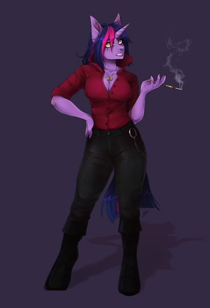 Size: 1750x2560 | Tagged: safe, artist:serodart, derpibooru import, oc, oc:lina phantom, anthro, unicorn, boots, cigarette, cigarette holder, clothes, commission, horn, image, png, shirt, shoes, solo