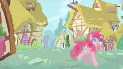 Size: 1280x720 | Tagged: safe, artist:junglicious64, derpibooru import, pinkie pie, pony, blue eyes, building, cloud, curly mane, curly tail, day, detailed background, female, image, mare, pink coat, pink mane, pink tail, png, ponyville, smiling, solo, tail, walking