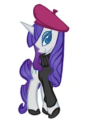 Size: 852x1180 | Tagged: safe, artist:junglicious64, derpibooru import, rarity, pony, unicorn, beret, blue eyes, clothes, eyeshadow, female, g4, hat, hoof shoes, horn, image, lidded eyes, makeup, mare, png, profile, purple mane, purple tail, shoes, simple background, smiling, solo, sweater, tail, turtleneck, wavy mane, wavy tail, white background, wingding eyes