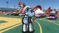 Size: 1920x1080 | Tagged: safe, artist:foxfer64_yt, derpibooru import, oc, oc:silverstream (robot pony), unofficial characters only, pony, robot, robot pony, car, image, jpeg, looking at something, looking down, meeting, paperholder, rear, solo, stadium