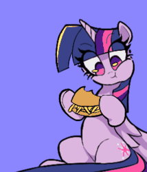 Size: 494x576 | Tagged: safe, artist:ponconcarnal, derpibooru import, twilight sparkle, twilight sparkle (alicorn), alicorn, pony, animated, belly, burger, chewing, eating, female, food, g4, gif, hay burger, holding, image, long tail, looking down, mare, purple background, simple background, sitting, smiling, solo, sparkles, tail, twilight burgkle