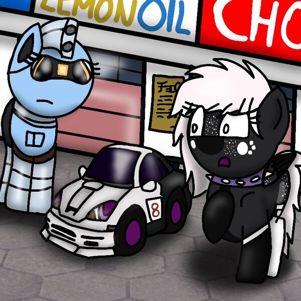 Size: 768x768 | Tagged: safe, artist:foxfer64_yt, derpibooru import, oc, oc:onyxstar (fl), oc:q-celica star, oc:silverstream (robot pony), pegasus, pony, car, duo, image, jpeg, looking down, shocked