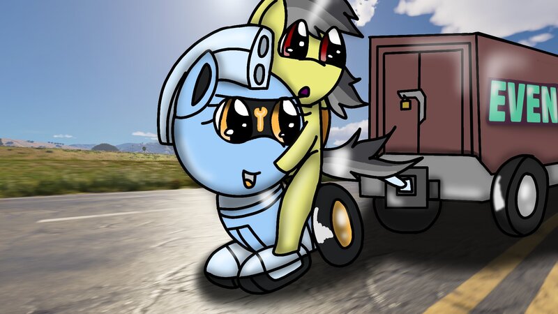 Size: 1920x1080 | Tagged: safe, artist:foxfer64_yt, derpibooru import, oc, oc:silverstream (robot pony), oc:thunder (fl), pegasus, pony, robot, robot pony, carrying, container, duo, highway, image, jpeg, riding, riding a pony