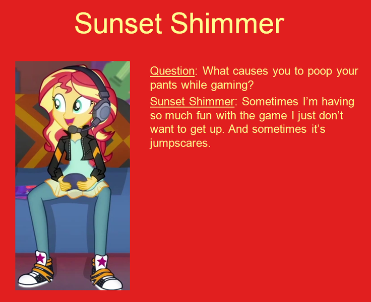 Size: 848x691 | Tagged: suggestive, artist:thedarkpony, derpibooru import, edit, edited screencap, screencap, sunset shimmer, equestria girls, equestria girls series, game stream, spoiler:eqg series (season 2), clothes, denim, female, g4, image, implied messing, implied pooping, implied scat, jeans, messing q&a, pants, png, sitting