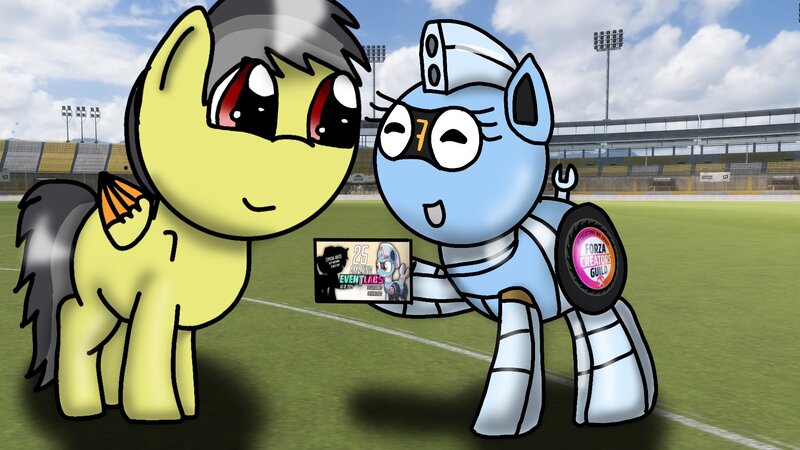 Size: 1920x1080 | Tagged: safe, artist:foxfer64_yt, derpibooru import, oc, oc:silverstream (robot pony), oc:thunder (fl), pegasus, pony, robot, robot pony, football field, image, jpeg, showing, smiling, solo, stadium, thumbnail