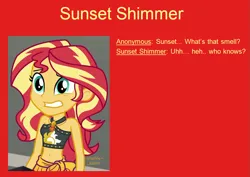 Size: 969x686 | Tagged: suggestive, artist:thedarkpony, derpibooru import, edit, edited screencap, screencap, sunset shimmer, equestria girls, clothes, female, fetish, g4, image, implied messing, implied pooping, implied scat, messing, messing q&a, onomatopoeia, panties, pantypoop, png, scat, swimsuit, underwear