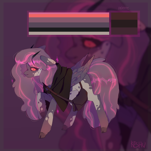 Size: 3400x3400 | Tagged: safe, artist:keshv, derpibooru import, oc, oc:tired raspberry, unofficial characters only, demon, demon pony, original species, pegasus, pony, cloak, clothes, female, horns, image, jpeg, mare, red eyes, reference sheet, satchel, solo, wings