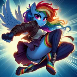 Size: 1024x1024 | Tagged: suggestive, ai content, derpibooru import, machine learning generated, prompter:glimmy-glam, rainbow dash, anthro, action pose, backlighting, boots, clothes, fingerless gloves, fist, flying, furrowed brow, generator:dall-e 3, gloves, high heel boots, high heels, image, jacket, jpeg, leather, leather jacket, panties, pleated skirt, shoes, skirt, socks, thigh highs, underwear, upskirt