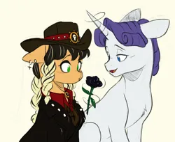Size: 1280x1042 | Tagged: safe, artist:chub-wub, derpibooru import, applejack, rarity, earth pony, pony, unicorn, alternate hairstyle, applejack's hat, black rose, blushing, clothes, coat, cowboy hat, duo, duo male and female, ear piercing, earring, elusive, eyeshadow, female, flower, glow, glowing horn, goth, half r63 shipping, hat, horn, image, jewelry, jpeg, lesbian, magic, makeup, male, mare, open mouth, piercing, rarijack, rose, rule 63, ship:elusivejack, shipping, shirt, simple background, stallion, straight, trans male, transgender, white background