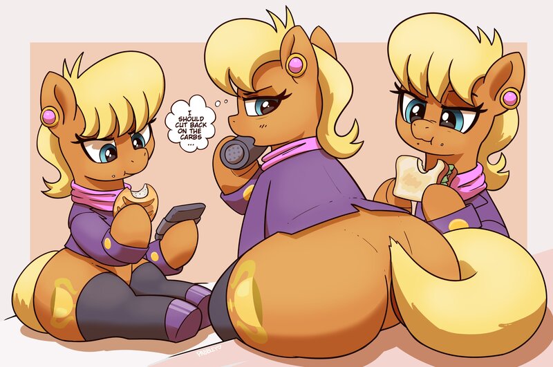 Size: 4096x2721 | Tagged: suggestive, artist:pabbley, derpibooru import, ms. harshwhinny, earth pony, pony, bottomless, breasts, butt, clothes, eating, female, food, g4, image, implied weight gain, jpeg, looking back, ms. harshbooty, open mouth, partial nudity, phone, plot, sandwich, sitting, socks, solo, solo female, the ass was fat, thigh highs, thought bubble