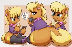Size: 4096x2721 | Tagged: suggestive, artist:pabbley, derpibooru import, ms. harshwhinny, earth pony, pony, bottomless, breasts, butt, clothes, eating, female, food, g4, image, implied weight gain, jpeg, looking back, ms. harshbooty, open mouth, partial nudity, phone, plot, sandwich, sitting, socks, solo, solo female, the ass was fat, thigh highs, thought bubble