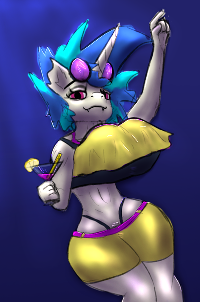 Size: 531x798 | Tagged: suggestive, artist:ismyaltaccount, derpibooru import, vinyl scratch, anthro, unicorn, belly button, big breasts, blue background, breasts, busty vinyl scratch, clothes, cocktail glass, dancing, fangs, female, g4, glasses, horn, huge breasts, image, looking at you, midriff, panties, png, seductive, shorts, simple background, smiling, smiling at you, solo, solo female, thong, underwear, wide hips
