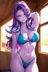 Size: 1024x1536 | Tagged: suggestive, ai content, derpibooru import, editor:masterdarhil, machine learning generated, starlight glimmer, equestria girls, arm behind head, belly button, bikini, breasts, busty starlight glimmer, cleavage, clothes, ear piercing, earring, g4, image, indoors, jewelry, long hair, photoshop, piercing, png, prompter:sammykun, recolor, sexy, solo, stupid sexy starlight glimmer, sultry pose, swimsuit, wide hips