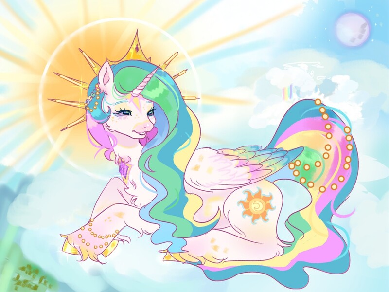 Size: 2048x1536 | Tagged: safe, artist:fluttr3, derpibooru import, princess celestia, alicorn, pony, cloud, colored wings, female, halo, image, jpeg, lying down, lying on a cloud, mare, multicolored wings, on a cloud, prone, solo, wings