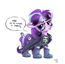 Size: 3135x3081 | Tagged: safe, artist:lytlethelemur, derpibooru import, starlight glimmer, pony, unicorn, boots, clothes, dialogue, edgelight glimmer, horn, image, it's a phase, it's not a phase, lip piercing, looking at you, nose piercing, piercing, png, punk, ripping clothes, safety pin, shirt, shoes, simple background, solo, speech bubble, t-shirt, talking to viewer, white background