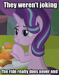 Size: 307x387 | Tagged: safe, artist:agrol, derpibooru import, starlight glimmer, animated, burger, caption, cheek bulge, eating, food, frown, gif, hay burger, image, image macro, lidded eyes, meta, starlight glimmer is not amused, text, the ride never ends, time for two, unamused, you're here forever