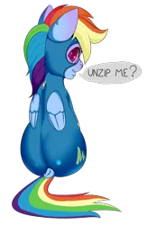 Size: 1080x1654 | Tagged: safe, artist:zettaidullahan, derpibooru import, rainbow dash, pegasus, pony, butt, clothes, colored pupils, dialogue, dock, female, folded wings, image, looking at you, looking back, looking back at you, looking over shoulder, mare, open mouth, open smile, plot, png, rainbutt dash, rear view, shiny, simple background, sitting, skintight clothes, smiling, smiling at you, solo, speech bubble, tail, talking to viewer, transparent background, uniform, wings, wonderbolts uniform, zipper