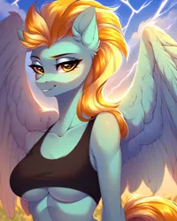 Size: 2048x2560 | Tagged: suggestive, ai content, derpibooru import, generator:awpmixxl, machine learning generated, stable diffusion, lightning dust, anthro, pegasus, bedroom eyes, big breasts, breasts, bust, busty lightning dust, cleavage, clothes, ear fluff, female, g4, image, jpeg, lightning, looking at you, prompter:frostru, sexy, smiling, smiling at you, solo, sports, sports bra, spread wings, underboob, wings