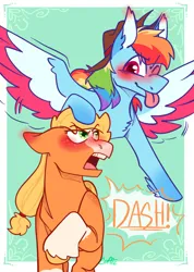 Size: 1462x2048 | Tagged: safe, artist:crappy-coffee, derpibooru import, applejack, rainbow dash, earth pony, pegasus, pony, :p, appledash, blaze (coat marking), blushing, coat markings, colored wings, colored wingtips, cowboy hat, dialogue, duo, duo female, ear blush, emanata, eye clipping through hair, eyebrows, eyebrows visible through hair, facial markings, female, floppy ears, g4, green background, hat, image, lesbian, mare, one eye closed, open mouth, passepartout, png, raised hoof, shipping, simple background, socks (coat marking), speech bubble, stetson, tongue out, unshorn fetlocks, wings