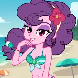 Size: 1024x1024 | Tagged: suggestive, ai content, derpibooru import, machine learning generated, parasol, sugar belle, human, equestria girls, beach, bikini, breasts, cleavage, clothes, cloud, equestria girls-ified, g4, image, looking at you, ocean, photoshop, png, prompter:angel-saez, sand, sky, smiling, solo, swimsuit, tree, water