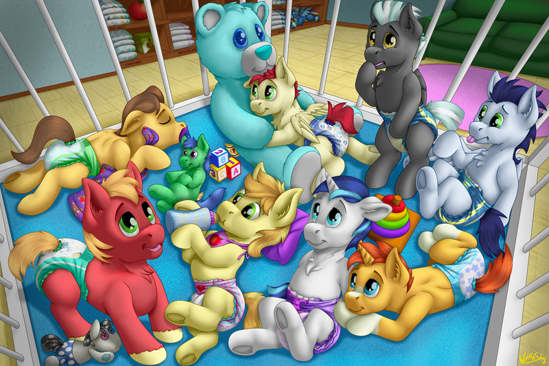 Size: 3000x2000 | Tagged: suggestive, artist:wittleskaj, derpibooru import, big macintosh, braeburn, caramel, care package, shining armor, smarty pants, soarin', special delivery, sunburst, thunderlane, earth pony, pegasus, pony, unicorn, age regression, baby, baby pony, blanket, colt, cuddling, cute, diaper, diaper fetish, embarrassed, fetish, foal, happy, horn, image, looking at you, male, milk bottle, nursery, pacifier, playpen, plushie, png, sleeping, teddy bear, wet diaper, younger