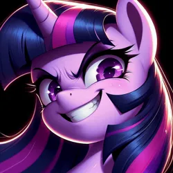 Size: 1024x1024 | Tagged: safe, ai content, derpibooru import, machine learning generated, twilight sparkle, pony, black background, female, generator:dall-e 3, image, jpeg, looking at you, mare, simple background, smiling