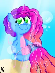 Size: 1620x2160 | Tagged: safe, artist:jesslmc16, derpibooru import, jellyfish, mermaid, pony, seapony (g4), unicorn, g5, background, blue background, blue eyes, blue mane, blue tail, bubble, comic, crepuscular rays, cute, digital art, dorsal fin, eyelashes, eyeshadow, female, fin, fish tail, floating, flowing mane, flowing tail, freckles, gem, happy, high res, hooves, horn, image, jewelry, light, looking at you, makeup, mane, mare, misty brightdawn, necklace, ocean, png, sand, scales, seaponified, seapony misty brightdawn, signature, simple background, smiling, smiling at you, solo, species swap, sunlight, swimming, tail, teeth, underwater, unshorn fetlocks, water