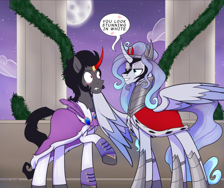 Size: 3852x3231 | Tagged: safe, artist:razzy, derpibooru import, king sombra, oc, oc:prince plushy soft, alicorn, unicorn, cape, clothes, clothes swap, cute, feather, gay, horn, image, male, png, wings