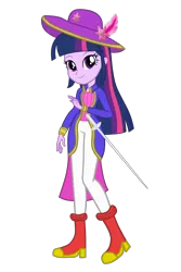 Size: 2000x3000 | Tagged: safe, artist:andrestoons, artist:user15432, derpibooru import, edit, vector edit, twilight sparkle, twilight sparkle (alicorn), alicorn, human, equestria girls, boots, clothes, element of magic, feather, feathered hat, hat, high heel boots, image, looking at you, png, princess peach showtime, shoes, smiling, smiling at you, sword, vector, weapon