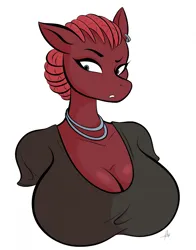 Size: 1700x2167 | Tagged: suggestive, artist:panthra78, derpibooru import, anthro, pegasus, pony, g5, background pony, big breasts, breasts, bust, clothes, female, image, jewelry, jpeg, necklace, piercing, portrait, ruby june, shirt, signature, simple background, solo, solo female, t-shirt, white background