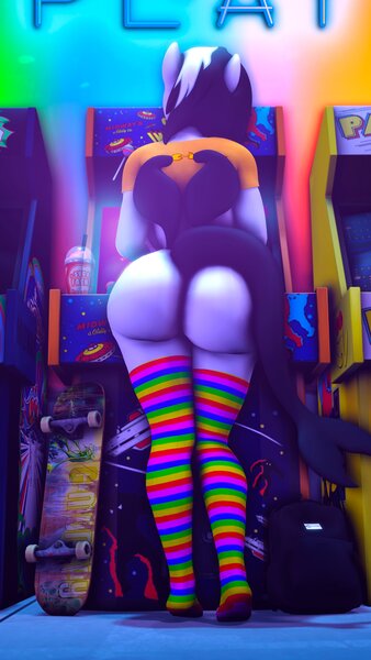 Size: 2160x3840 | Tagged: suggestive, artist:theshadow, derpibooru import, oc, oc:shouka, unofficial characters only, anthro, orca, orca pony, original species, 3d, arcade, breasts, clothes, feet, female, image, jpeg, nudity, rainbow socks, socks, stockings, striped socks, thigh highs