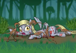 Size: 2480x1748 | Tagged: semi-grimdark, artist:dinosaurcol, derpibooru import, derpy hooves, dinosaur, pegasus, pony, abuse, bipedal, bite mark, biting, bleeding, blood, bush, carnivore, commission, compsognathus, crawling, crying, derpybuse, downvote bait, eaten alive, eating, fear, female, food, food chain, forest, grass, hard vore, horse meat, hunting, hunting pack, image, imminent death, imminent vore, jungle, jurassic park, looking at someone, looking at you, lying down, mare, mare prey, meat, nature, ouch, outdoors, pain, png, predator, predator vs prey, prone, scared, scratches, spread wings, tears of fear, tears of pain, teeth, theropod, this will end in death, tree, violence, vore, wings