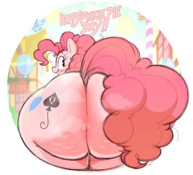 Size: 2200x2000 | Tagged: suggestive, artist:aer0 zer0, edit, pinkie pie, earth pony, pony, balloonbutt, blacked, blushing, butt, dock, female, image, looking back, mare, plot, png, queen of spades, solo, solo female, sweat, sweaty butt, tattoo, text, the ass was fat